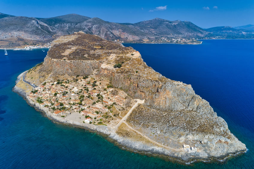 Aerial view of the old town of Monemvasia in Lakonia of Peloponnese, Greece.