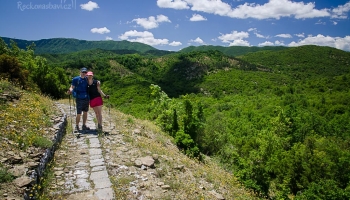 Z vesnice Vitsa vede stezka po starých kamenných schodech "Skala Vitsa" dolů do kaňonu Vikos ...